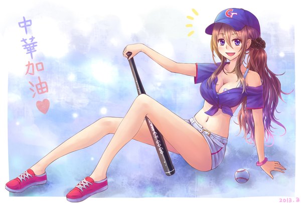 Anime picture 3400x2300 with original xia you qing suikakitsu shiro single long hair looking at viewer blush highres breasts open mouth blue eyes brown hair absurdres cleavage ponytail legs girl navel shorts flat cap