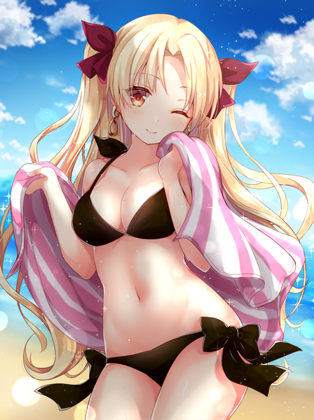 Anime picture 896x1200 with fate (series) fate/grand order ereshkigal (fate) emilion single long hair tall image looking at viewer blush fringe breasts light erotic blonde hair smile holding brown eyes sky cleavage cloud (clouds) head tilt