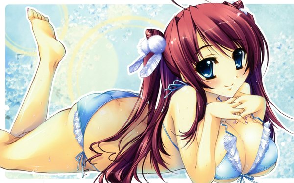 Anime picture 1920x1200 with koihime musou doga kobo ryuubi highres breasts blue eyes light erotic wide image twintails red hair barefoot huge breasts underwear swimsuit bikini