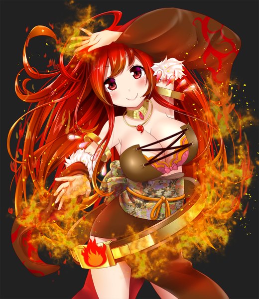 Anime picture 1250x1440 with original excel (shena) single long hair tall image blush breasts light erotic simple background smile red eyes large breasts standing bare shoulders red hair long sleeves multicolored hair orange hair wide sleeves outstretched arm