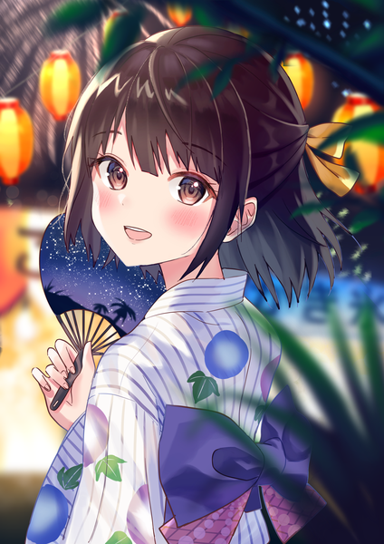 Anime-Bild 3035x4299 mit original usaris single long hair tall image looking at viewer fringe highres open mouth smile brown hair holding brown eyes payot absurdres upper body outdoors traditional clothes :d japanese clothes
