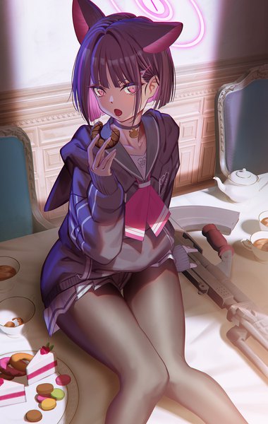Anime picture 1319x2082 with blue archive kazusa (blue archive) hironii (hirofactory) single tall image looking at viewer fringe short hair open mouth black hair sitting holding animal ears indoors blunt bangs long sleeves pleated skirt pink eyes from above shadow