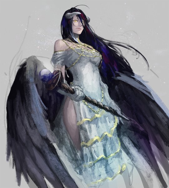 Anime picture 1000x1105 with overlord (maruyama) madhouse albedo (overlord) porino single long hair tall image fringe black hair simple background smile bare shoulders holding yellow eyes looking away purple hair ahoge hair over one eye grey background bare legs