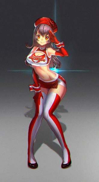 Anime picture 900x1640 with original si (pixiv) single long hair tall image breasts light erotic black hair smile red eyes standing bare shoulders bare belly shadow leaning leaning forward salute girl thighhighs skirt