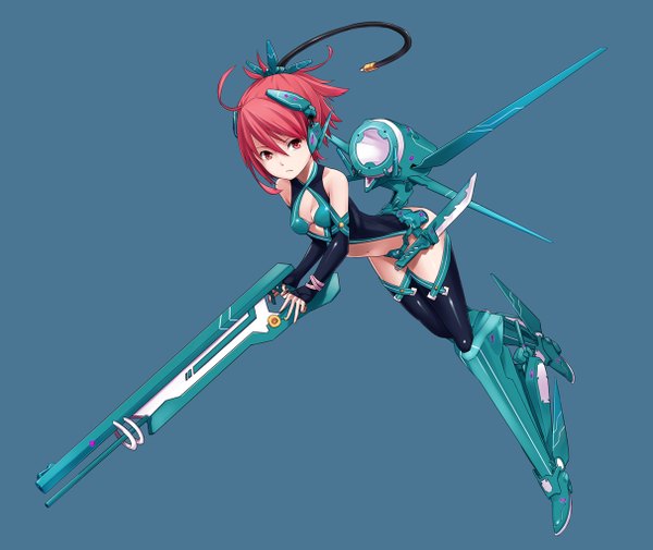 Anime picture 1212x1022 with original tokumaro single highres short hair breasts light erotic simple background red eyes bare shoulders ahoge red hair mechanical girl navel weapon headdress gun
