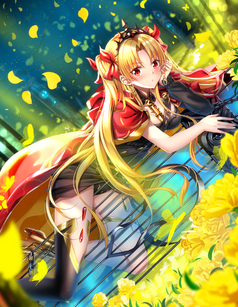 Anime picture 1102x1422 with fate (series) fate/grand order ereshkigal (fate) swordsouls single long hair tall image looking at viewer blush fringe breasts light erotic blonde hair red eyes red hair lying blurry two side up dutch angle depth of field