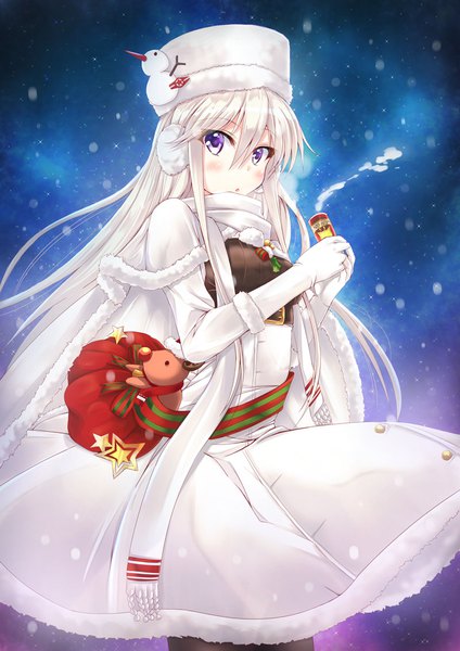 Anime picture 800x1131 with azur lane enterprise (azur lane) enterprise (reindeer master) (azur lane) nekoyaso single long hair tall image looking at viewer blush fringe hair between eyes purple eyes white hair night snowing christmas steam girl thighhighs dress