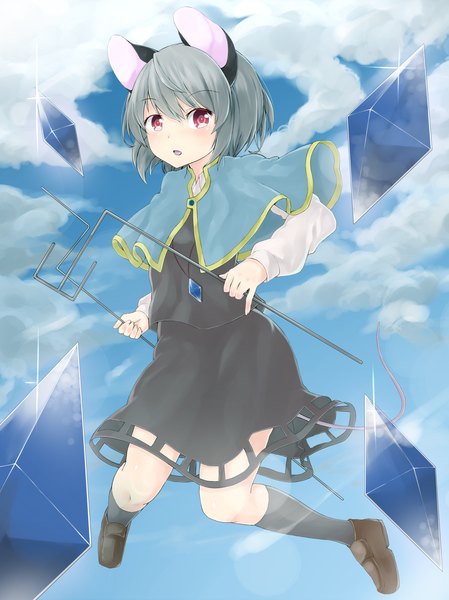 Anime picture 1496x2000 with touhou nazrin netamaru single tall image looking at viewer short hair open mouth red eyes animal ears sky cloud (clouds) tail long sleeves animal tail grey hair midair mouse ears mouse tail mouse girl