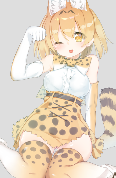 Anime picture 1000x1521 with kemono friends serval (kemono friends) kamioka shun'ya single tall image short hair breasts light erotic simple background blonde hair sitting bare shoulders animal ears yellow eyes tail animal tail one eye closed wink grey background wariza