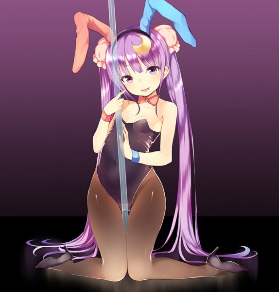 Anime picture 1100x1150 with touhou patchouli knowledge pokachu single tall image open mouth light erotic twintails pink hair very long hair hair bun (hair buns) high heels bunny ears kneeling bunny girl crescent pole dancing striptease girl hair ornament