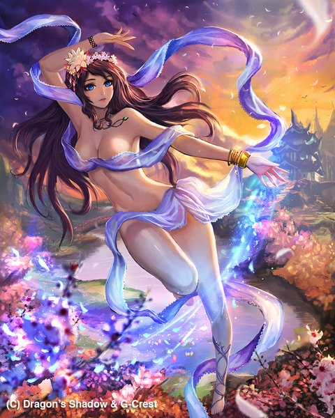 Anime picture 800x1000 with chaosringen single long hair tall image breasts blue eyes light erotic looking away sky cloud (clouds) barefoot hair flower wind lips realistic bare legs midriff legs cherry blossoms groin