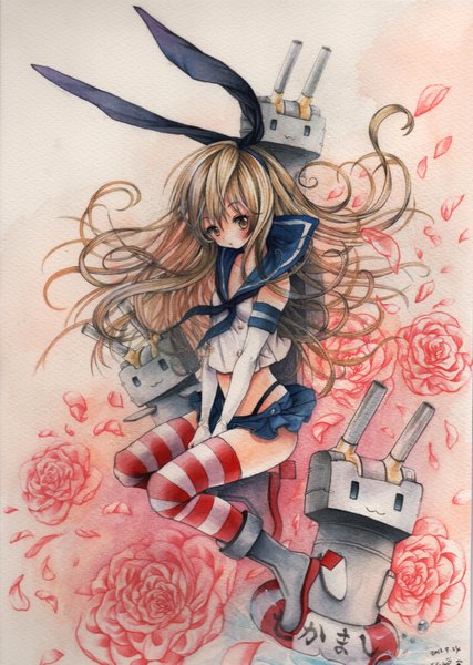 Anime picture 1500x2109 with kantai collection shimakaze destroyer rensouhou-chan mosho single long hair tall image blush brown hair brown eyes signed wind traditional media watercolor (medium) girl thighhighs flower (flowers) bow hair bow petals