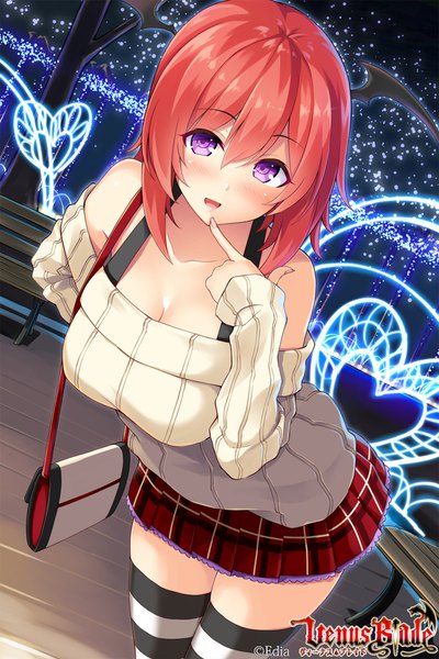 Anime picture 1280x1920 with venus blade hisenkaede single tall image looking at viewer blush fringe breasts hair between eyes large breasts purple eyes outdoors red hair pleated skirt fingernails leaning leaning forward black wings head wings girl