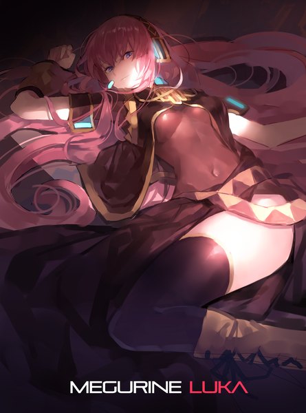 Anime picture 1520x2048 with vocaloid megurine luka jandy single long hair tall image looking at viewer blue eyes light erotic pink hair girl thighhighs navel black thighhighs boots headphones