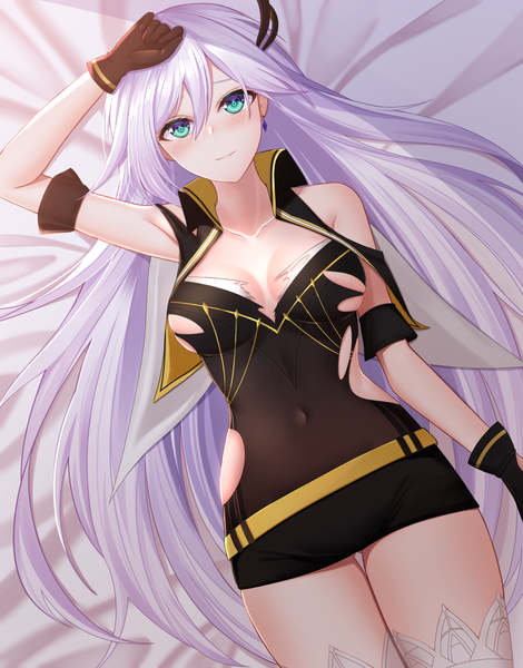 Anime picture 846x1080 with honkai impact 3rd honkai (series) cecilia schariac aircell single long hair tall image looking at viewer blush fringe breasts light erotic hair between eyes cleavage silver hair lying arm up aqua eyes light smile on back