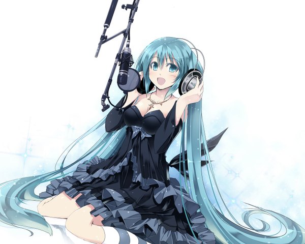 Anime picture 1350x1080 with vocaloid hatsune miku satomi single long hair looking at viewer blush open mouth smile sitting twintails bare shoulders cleavage very long hair aqua eyes aqua hair kneeling striped girl dress