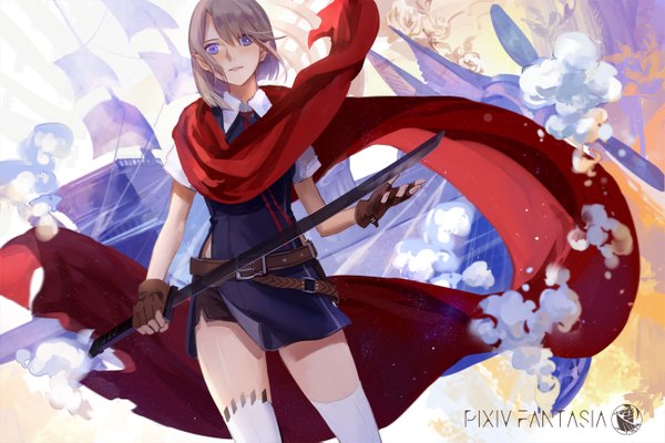 Anime picture 1300x867 with original pixiv fantasia pixiv fantasia t achyue single looking at viewer fringe short hair brown hair standing purple eyes holding light smile copyright name girl thighhighs gloves weapon white thighhighs sword