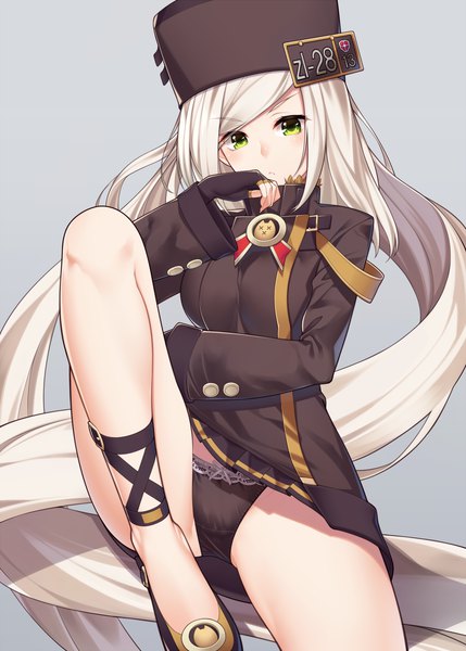 Anime picture 1000x1399 with guilty gear millia rage ray-akila single tall image looking at viewer light erotic simple background green eyes white hair very long hair grey background legs hand to mouth girl gloves underwear panties fingerless gloves black panties