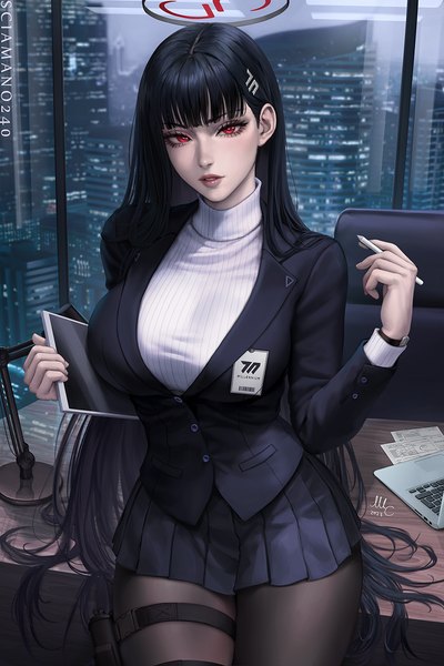 Anime picture 854x1280 with blue archive rio (blue archive) sciamano240 single long hair tall image looking at viewer fringe black hair red eyes sitting holding signed indoors blunt bangs long sleeves parted lips pleated skirt lips blurry