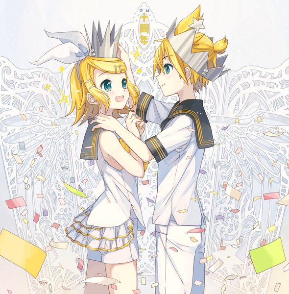 Anime picture 1612x1640 with vocaloid kagamine rin kagamine len ixima tall image blush short hair open mouth blonde hair smile standing ponytail :d profile aqua eyes siblings twins sailor collar hand on another's shoulder brother and sister