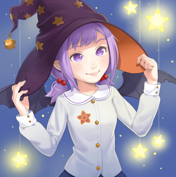 Anime picture 1196x1200 with original cristalavi single tall image fringe short hair smile purple eyes twintails purple hair upper body long sleeves pointy ears low twintails bat wings girl hat wings star (symbol) witch hat