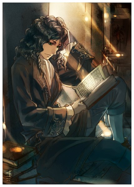 Anime picture 738x1032 with d.gray-man lavi anhellica long hair tall image sitting green eyes grey hair sunlight alternate costume wavy hair alternate hairstyle curly hair reading boy book (books) neckerchief