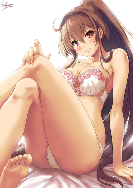 Anime picture 1000x1414 with kantai collection yamato super battleship sakiyamama single long hair tall image looking at viewer blush fringe breasts light erotic simple background hair between eyes red eyes brown hair large breasts white background sitting signed payot