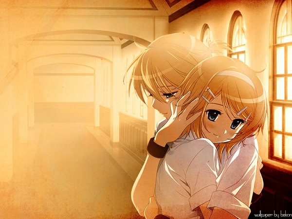 Anime picture 1024x768 with vocaloid kagamine rin kagamine len shirahane nao blush short hair blue eyes blonde hair inscription wallpaper couple hug light girl boy hair ornament shirt window hairband hairclip