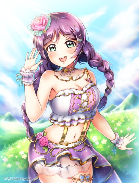 Anime picture 1038x1361 with love live! school idol project sunrise (studio) love live! toujou nozomi ponyagii single long hair tall image looking at viewer blush fringe breasts open mouth smile hair between eyes large breasts standing bare shoulders green eyes signed
