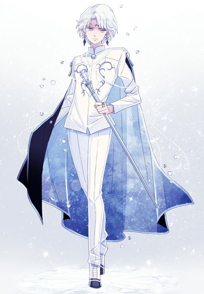 Anime picture 708x1020 with bishoujo senshi sailor moon toei animation prince diamond saki (hxaxcxk) single tall image short hair simple background standing holding silver hair white hair silver eyes white eyes boy earrings pants cloak ring staff