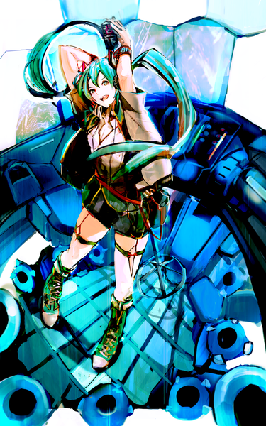 Anime picture 1000x1600 with vocaloid hatsune miku so-bin single long hair tall image open mouth twintails aqua eyes aqua hair girl thighhighs shorts headphones microphone microphone stand