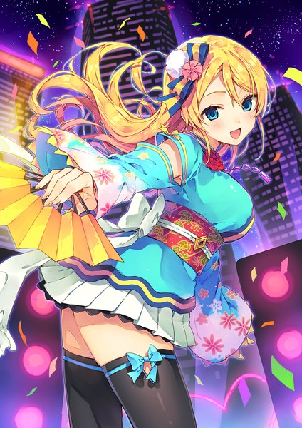 Anime picture 834x1179 with love live! school idol project sunrise (studio) love live! ayase eli natsu natsuna single long hair tall image looking at viewer blush open mouth blue eyes blonde hair traditional clothes japanese clothes girl thighhighs hair ornament black thighhighs kimono