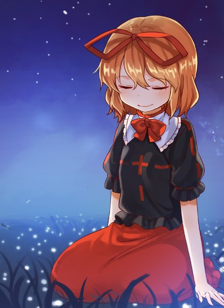 Anime picture 728x1000 with touhou medicine melancholy shnva single tall image blush short hair blonde hair smile sitting sky eyes closed night girl ribbon (ribbons) plant (plants) hair ribbon insect grass fireflies