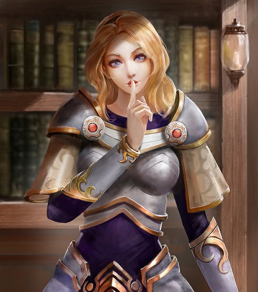 Anime picture 800x904 with league of legends lux (league of legends) turewindwalker single long hair tall image looking at viewer breasts blue eyes blonde hair lips realistic finger to mouth girl armor book (books) shelf spaulder (spaulders) bookshelf vambraces