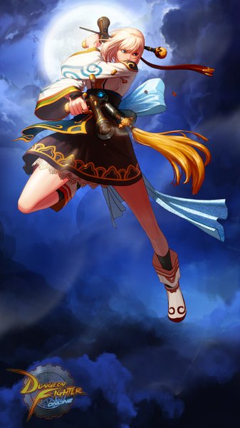 Anime picture 720x1280 with dungeon and fighter female gunner (dungeon and fighter) single tall image short hair blue eyes blonde hair sky cloud (clouds) bent knee (knees) white hair wide sleeves smoking gun girl skirt weapon socks shoes gun black socks
