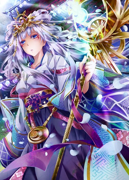Anime-Bild 1080x1500 mit original tyouya single long hair tall image looking at viewer blue eyes white hair traditional clothes girl hair ornament petals staff