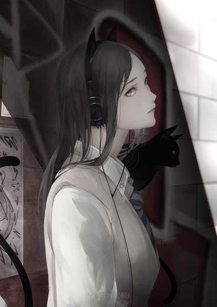 Anime picture 1234x1745 with original marumoru single long hair tall image looking at viewer black hair signed animal ears payot upper body tail animal tail cat ears shadow cat tail watermark silver eyes brick wall girl