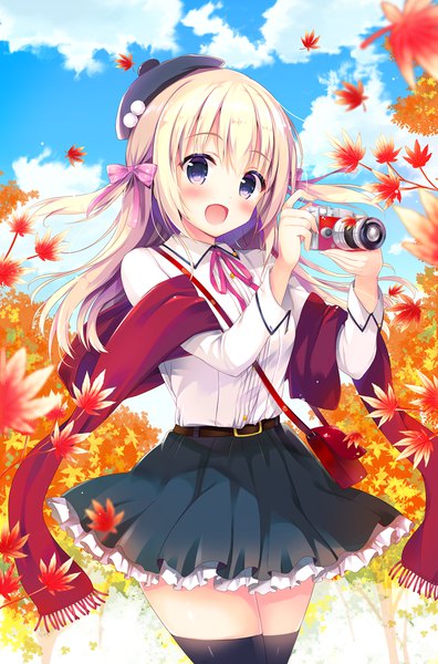 Anime picture 758x1146 with original hisama kumako single long hair tall image looking at viewer blush open mouth blonde hair purple eyes sky thighhighs skirt bow black thighhighs hair bow scarf leaf (leaves) beret camera