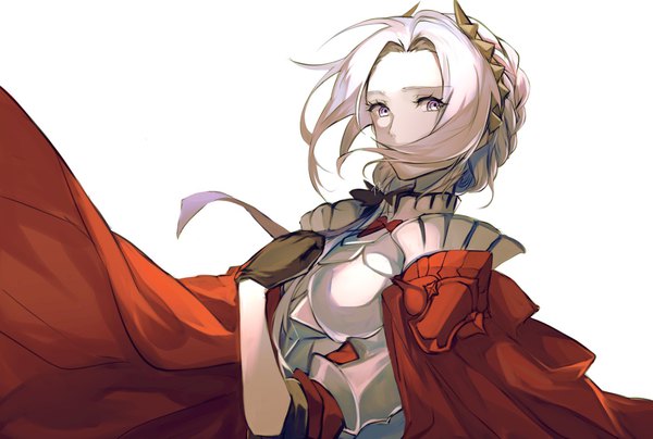 Anime picture 1781x1200 with fire emblem fire emblem: three houses fire emblem warriors: three hopes nintendo edelgard von hresvelg cassia 1fall5 single long hair looking at viewer highres simple background white background silver hair upper body braid (braids) arm up hand on chest silver eyes girl gloves
