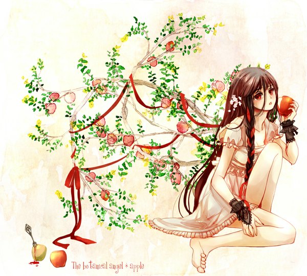 Anime picture 1000x900 with aiha-deko single long hair looking at viewer open mouth red eyes brown hair sitting nail polish barefoot hair flower girl dress hair ornament flower (flowers) ribbon (ribbons) hair ribbon food sundress apple