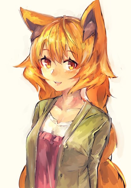 Anime picture 1112x1600 with original maido mido shiratan single tall image looking at viewer blush open mouth simple background smile standing white background animal ears braid (braids) orange hair open clothes open jacket orange eyes fox ears twin braids