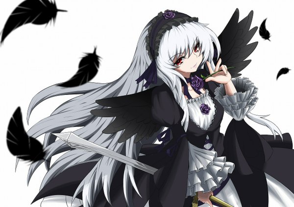 Anime picture 1280x904 with rozen maiden suigintou pov0178 single long hair simple background red eyes white background white hair lolita fashion goth-loli girl dress flower (flowers) weapon sword wings feather (feathers)