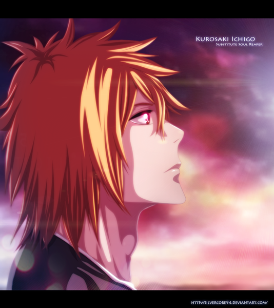 Anime picture 1033x1160 with bleach studio pierrot kurosaki ichigo silvercore94 single tall image short hair sky cloud (clouds) japanese clothes profile pink eyes sunlight orange hair inscription coloring portrait face boy kimono