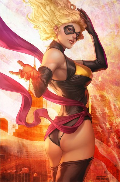 Anime picture 659x1000 with marvel comics ms. marvel artgerm (stanley lau) single tall image short hair blue eyes blonde hair signed wind lips realistic city cityscape superhero girl thighhighs gloves black thighhighs black gloves