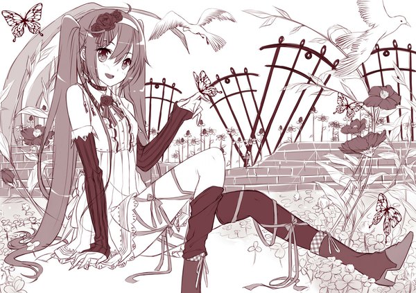Anime picture 1169x826 with vocaloid hatsune miku hatachi single long hair blush open mouth sitting twintails very long hair hair flower arm support monochrome girl thighhighs dress hair ornament flower (flowers) ribbon (ribbons) detached sleeves