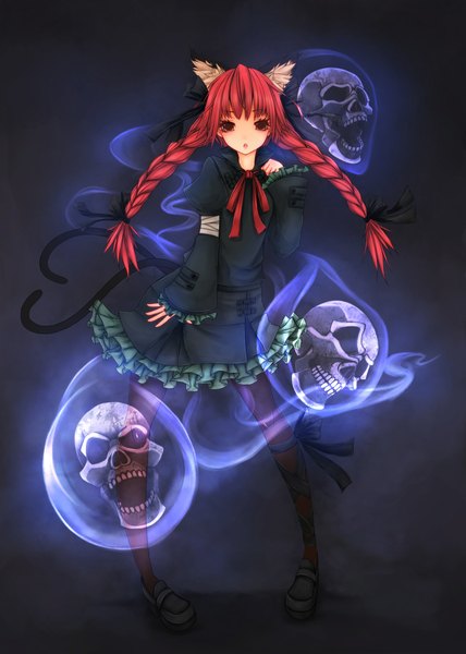 Anime picture 1500x2100 with touhou kaenbyou rin maru-pen single long hair tall image looking at viewer red eyes animal ears red hair braid (braids) cat ears cat girl cat tail extra ears ghost girl dress bow hair bow