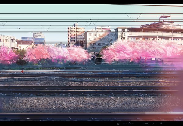Anime picture 4772x3273 with original xi chen chen highres absurdres sky sunlight cherry blossoms letterboxed no people spring plant (plants) tree (trees) window building (buildings) wire (wires) fence stone (stones) power lines railways railroad tracks
