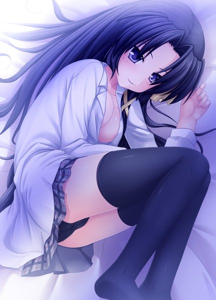 Anime picture 900x1250 with little busters! key (studio) kurugaya yuiko takacchi single long hair tall image looking at viewer blush breasts blue eyes light erotic black hair lying girl thighhighs skirt underwear panties black thighhighs