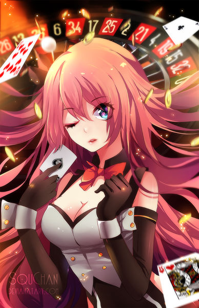 Anime picture 776x1200 with vocaloid poker face (vocaloid) megurine luka squchan single long hair tall image looking at viewer fringe breasts blue eyes holding pink hair cleavage glow girl gloves bow black gloves elbow gloves