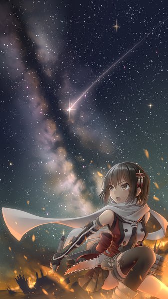 Anime picture 675x1200 with kantai collection sendai light cruiser morigami (morigami no yashiro) single tall image fringe short hair open mouth hair between eyes brown hair holding brown eyes looking away sky outdoors pleated skirt night sparkle two side up night sky